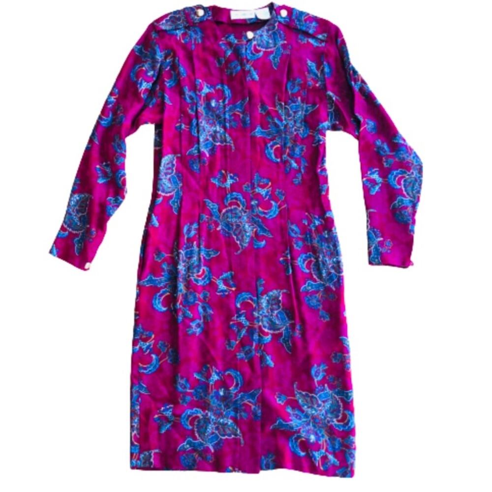 Vintage 90s Jewel Tones Paisley Midi Dress Gold Epaulettes Pleated Pockets 4P